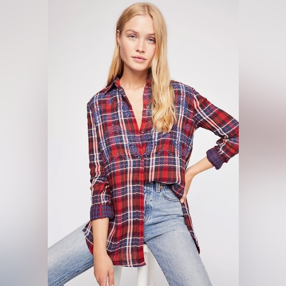 Free People Magical Plaid Buttondown Embroidered Flannel Top - Picture 1 of 11